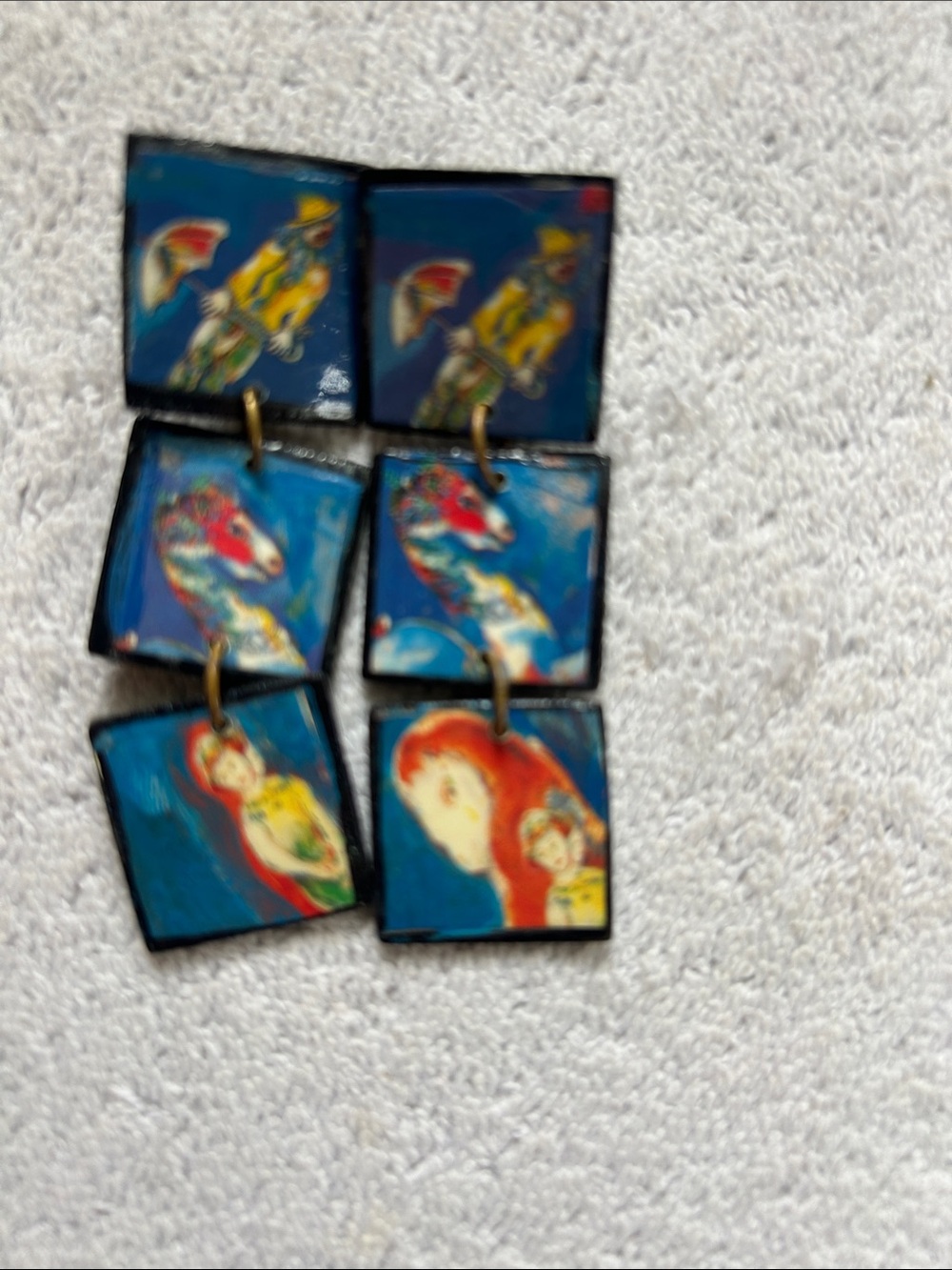 Chagall Hand-Painted and collaged Blue Multi-Panel Dangle Earrings
